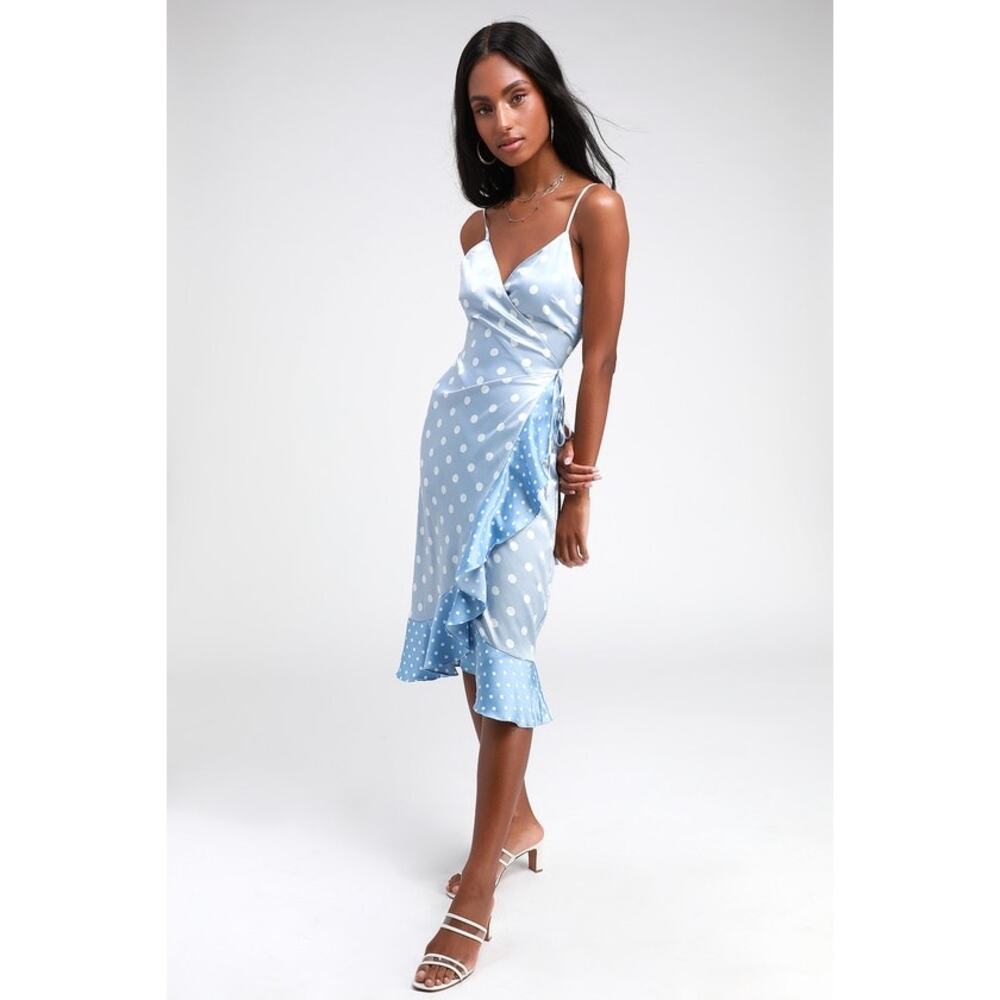 Lulus Love Dottie Polka Dot Satin Wrap Dress Blue Size Small NWT